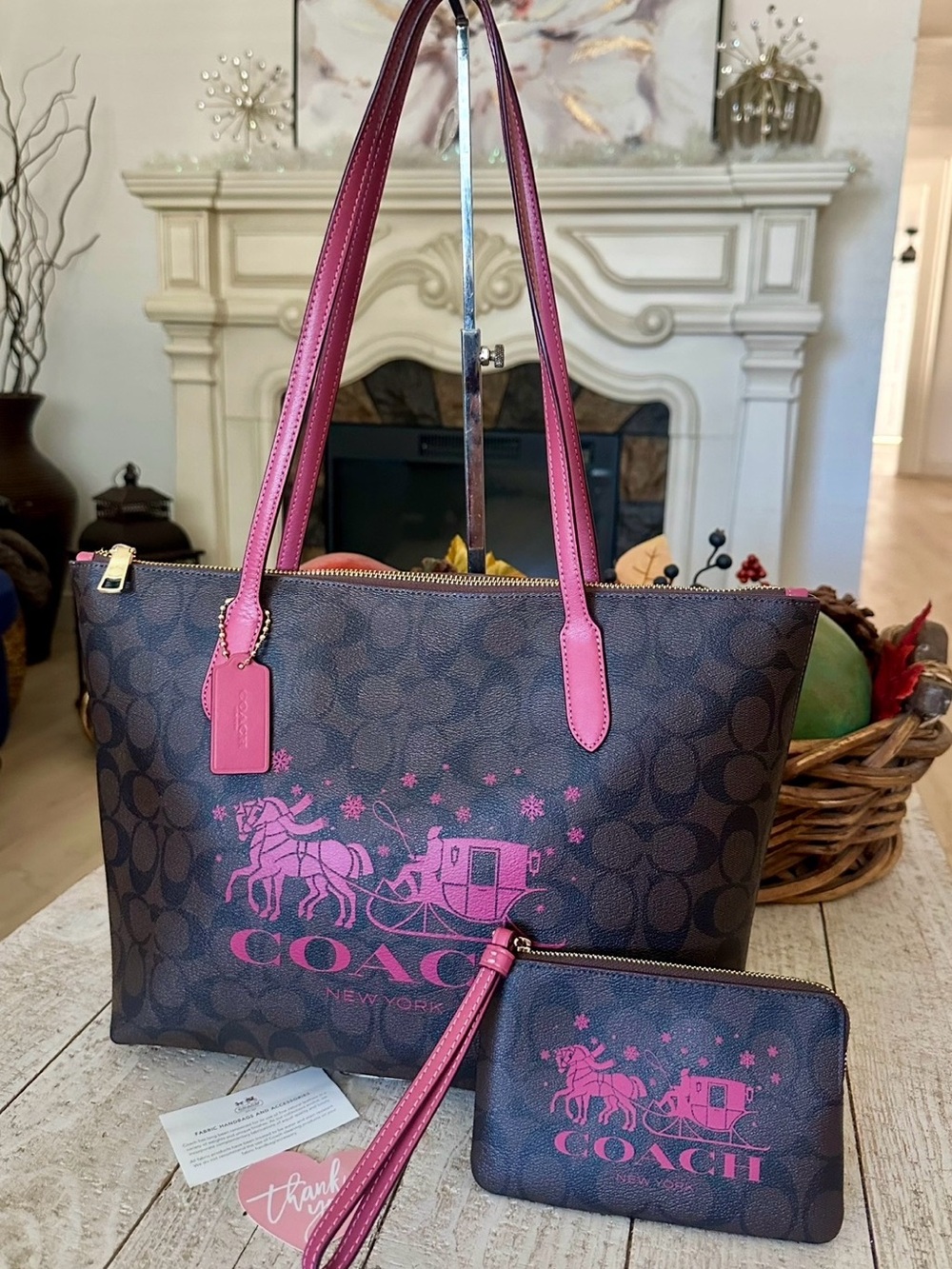 Coach Brown Signature Tote with Bright Pink Trim & Matching Wristlet